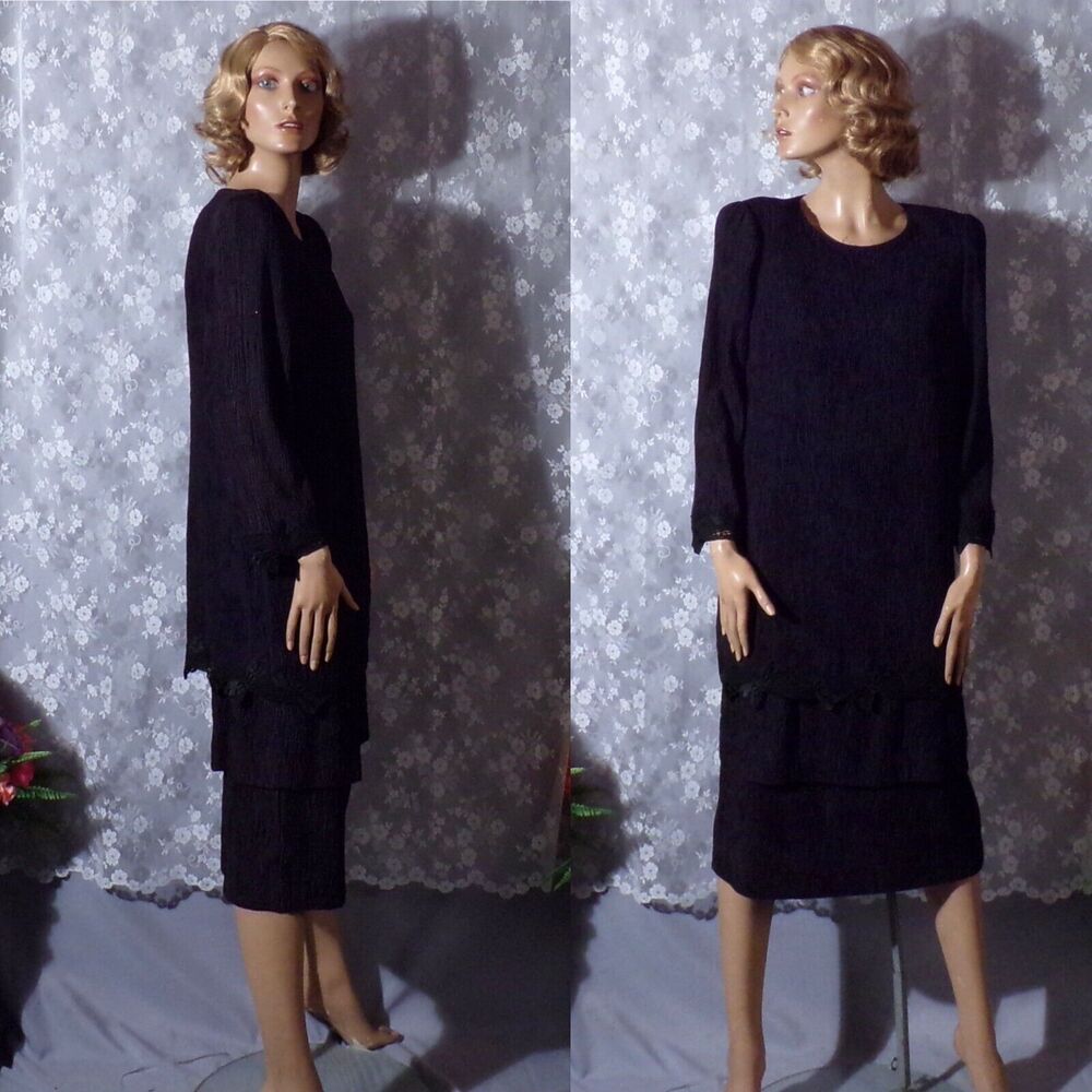 Vintage 80s Black Dress 1980s Drop Waist Flapper Goth Dark Romance Size Medium
